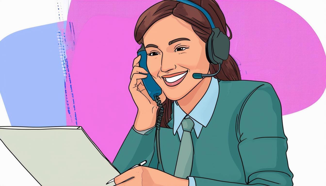 [Image of a support agent on the phone, smiling and taking notes]