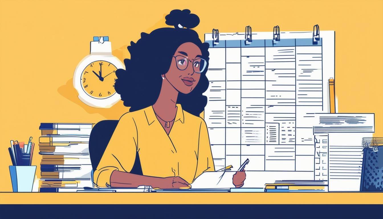 Image of HR admin at a desk with multiple files and calendar for time management