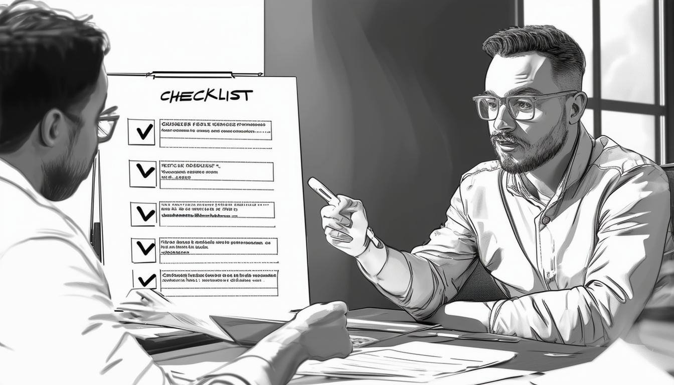 Image of a checklist and a business owner discussing IT services with a provider