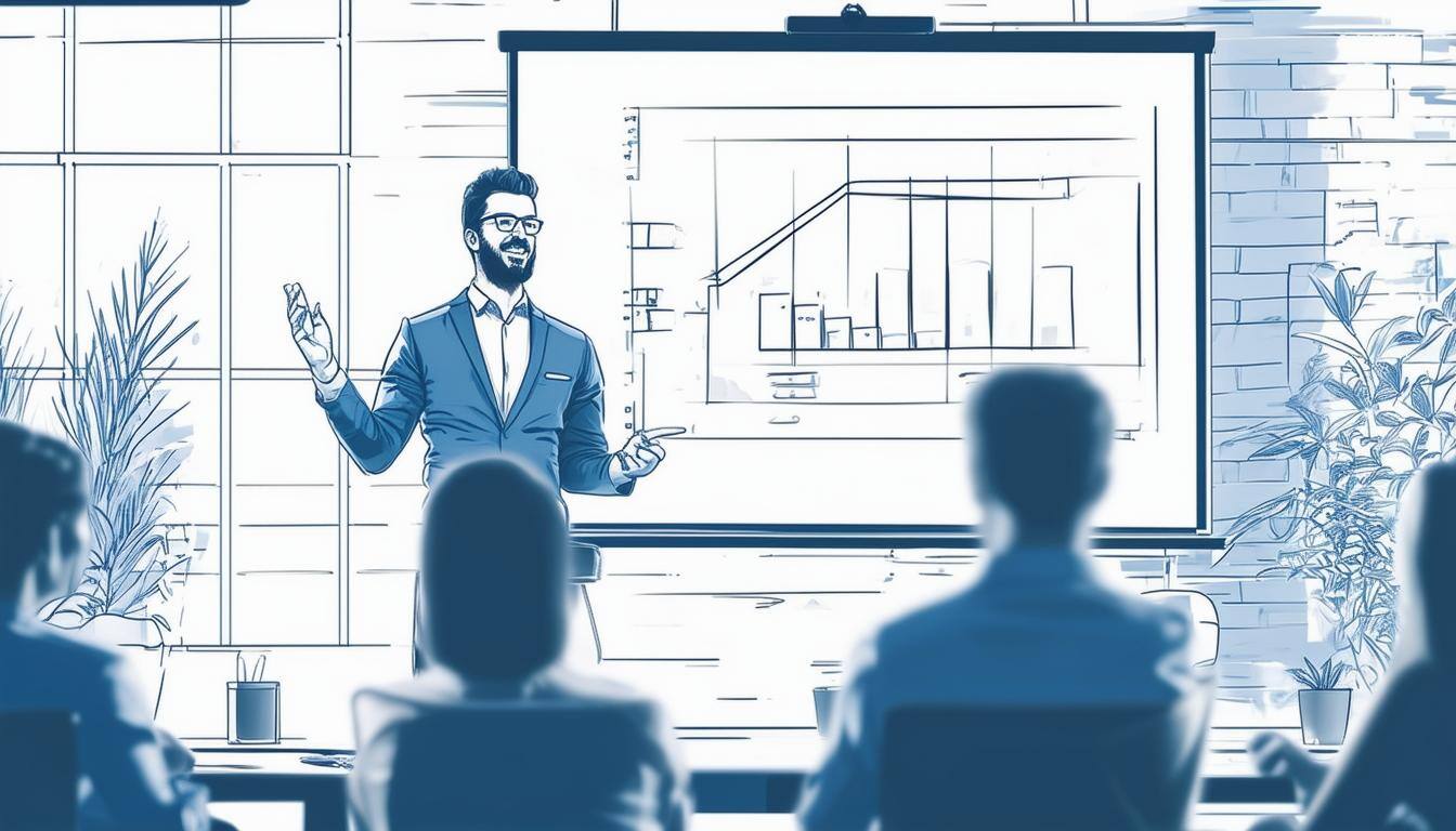 Image of a confident project manager presenting to a team in a modern office setting