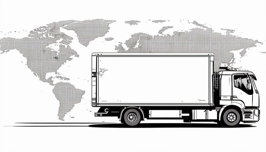 Image of a delivery truck with a world map background, representing global logistics