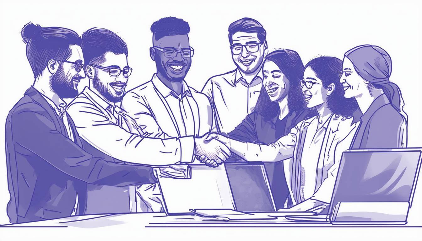 Image of a diverse group of vendors shaking hands with a business manager Image of a manager on a laptop