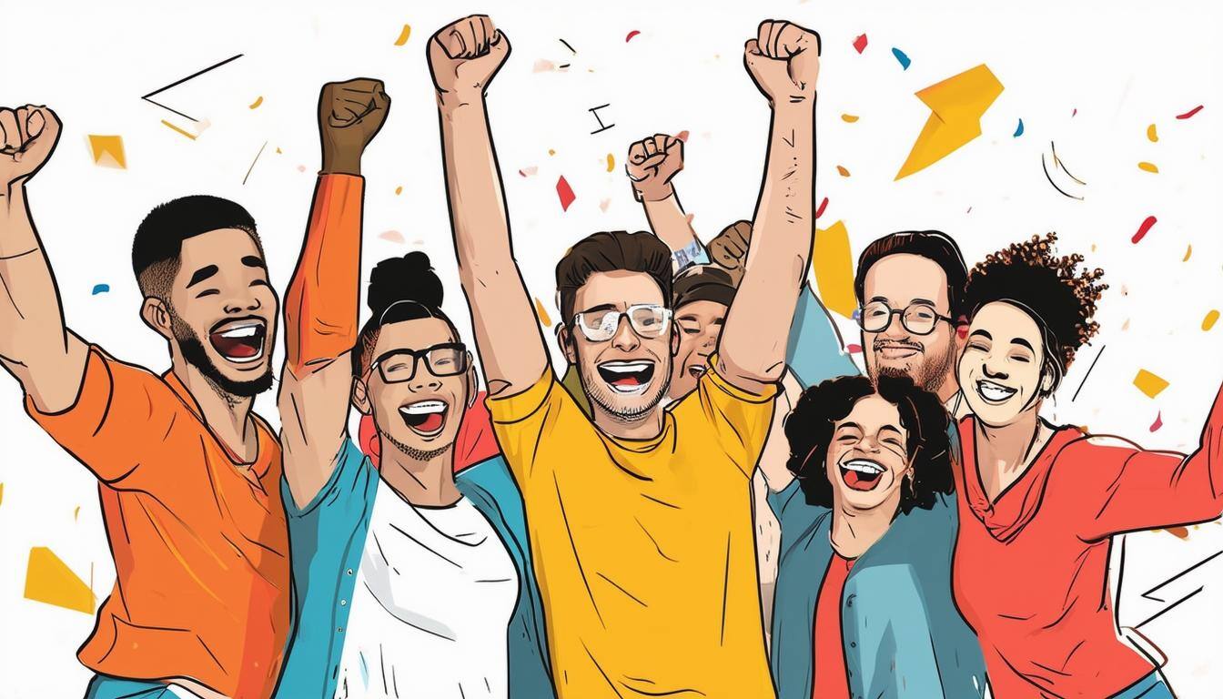 Image of a diverse, smiling team celebrating the completion of a project