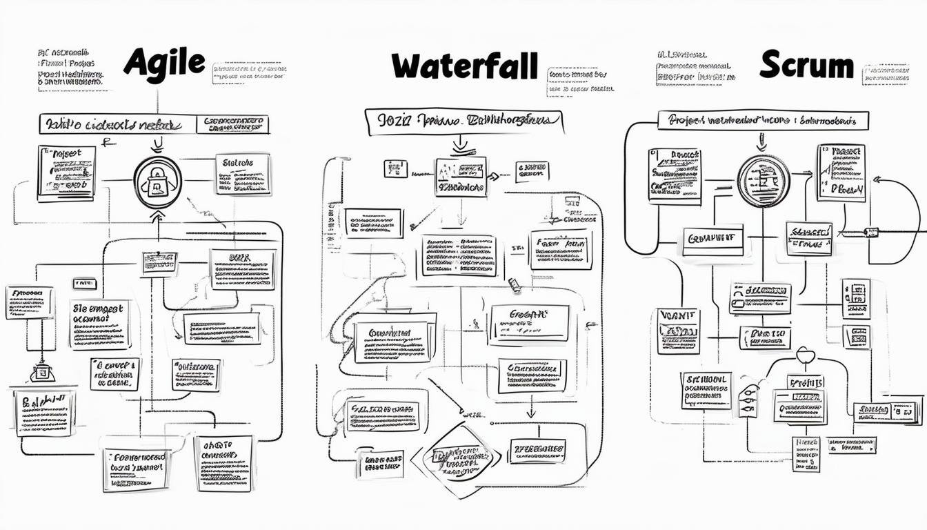 Image of a flowchart comparing project management methodologies like Agile, Waterfall, and Scrum
