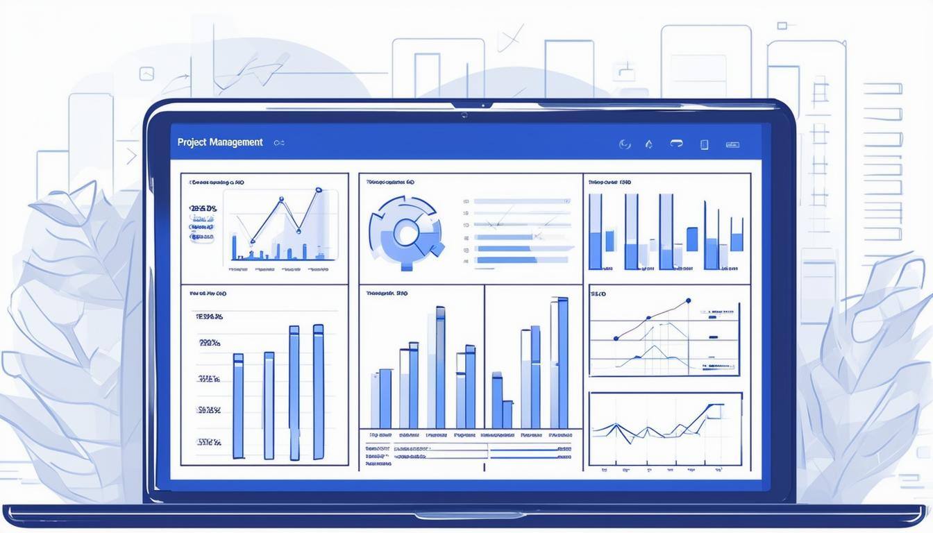 Image of a laptop screen showing a project management dashboard with Gantt charts and progress bars