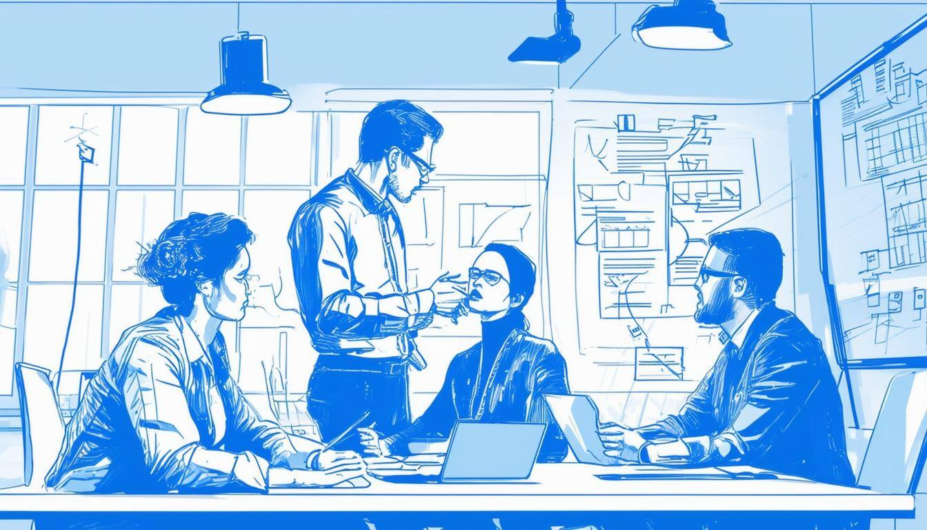 Image of a person standing at a desk with a team, discussing office operations