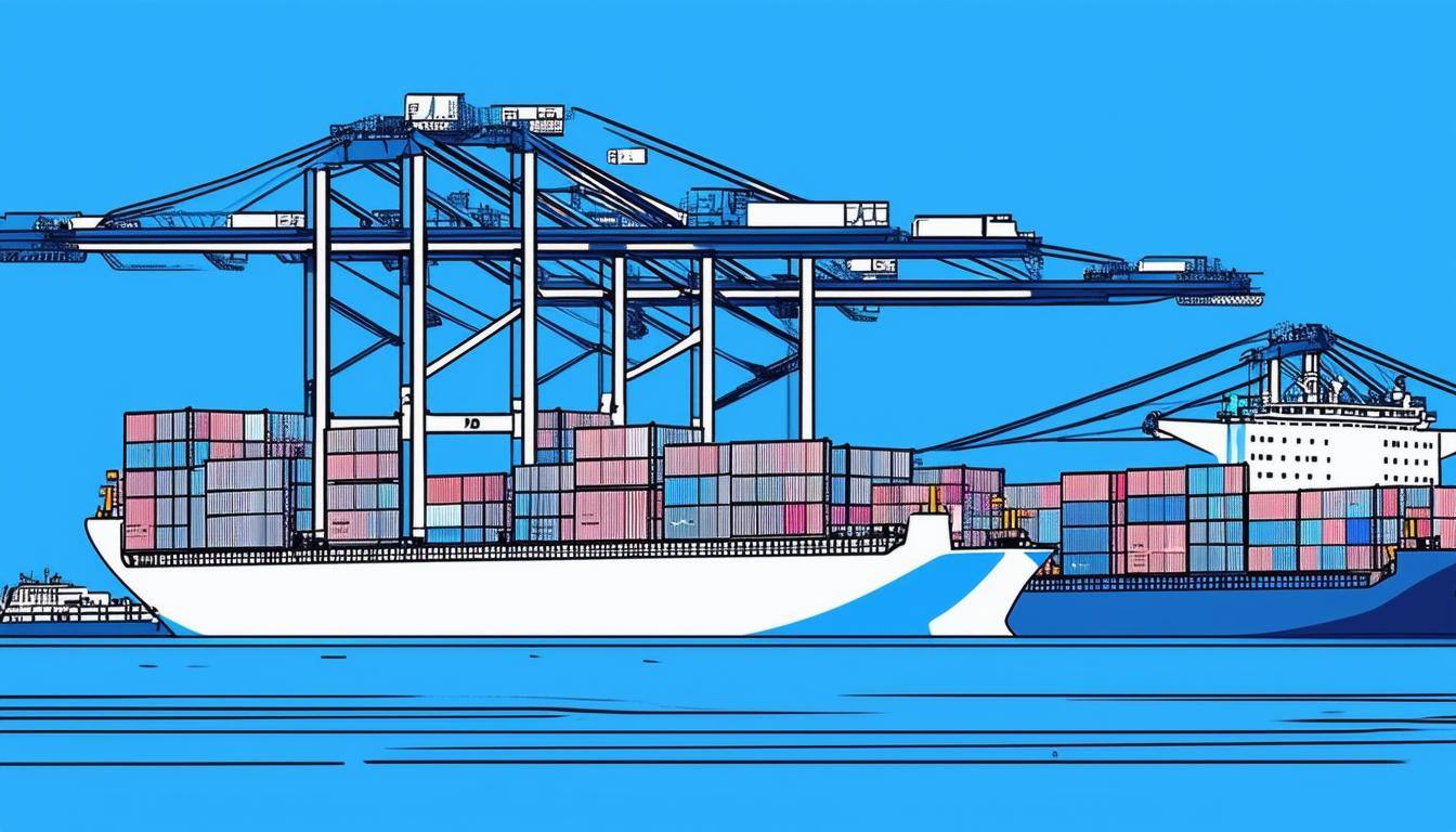Image of a port with containers being loaded onto ships, symbolizing international shipping