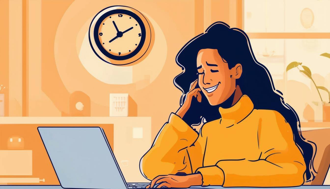 Image of a satisfied customer receiving help on a laptop, with a clock in the background showing late hours