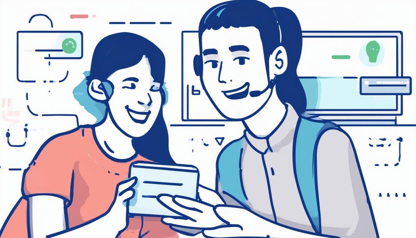 Image of a smiling customer holding a product with a support agent nearby, signifying a positive outcome