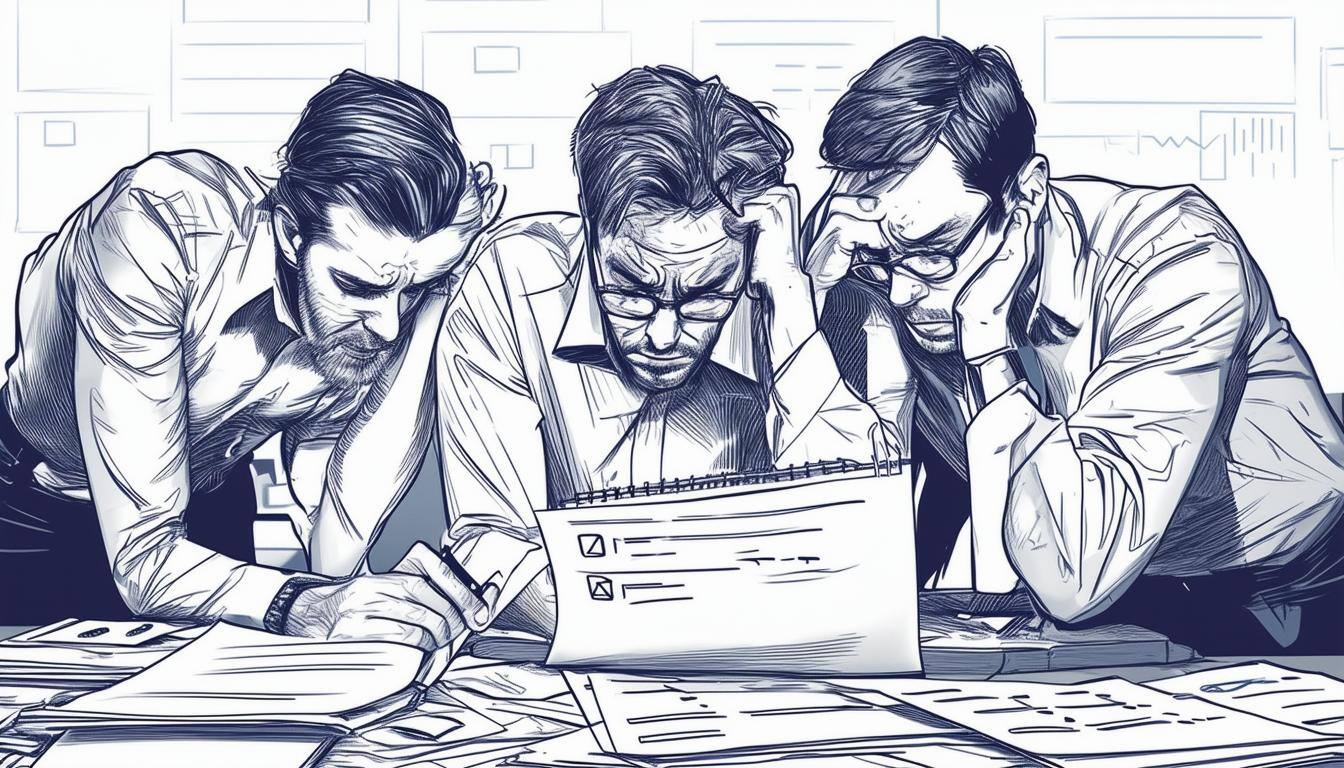 Image of a stressedout project manager reviewing a messy task list with team members