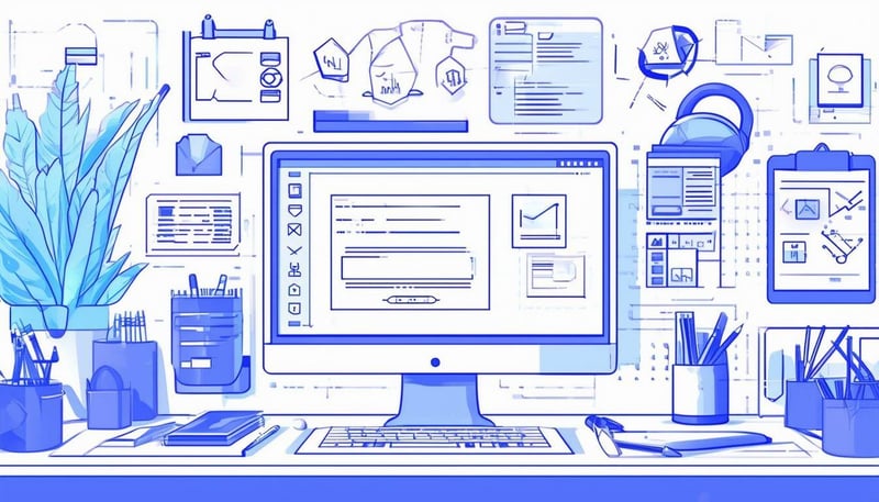 Image of a workspace featuring tech tools and software commonly used by admin managers-1