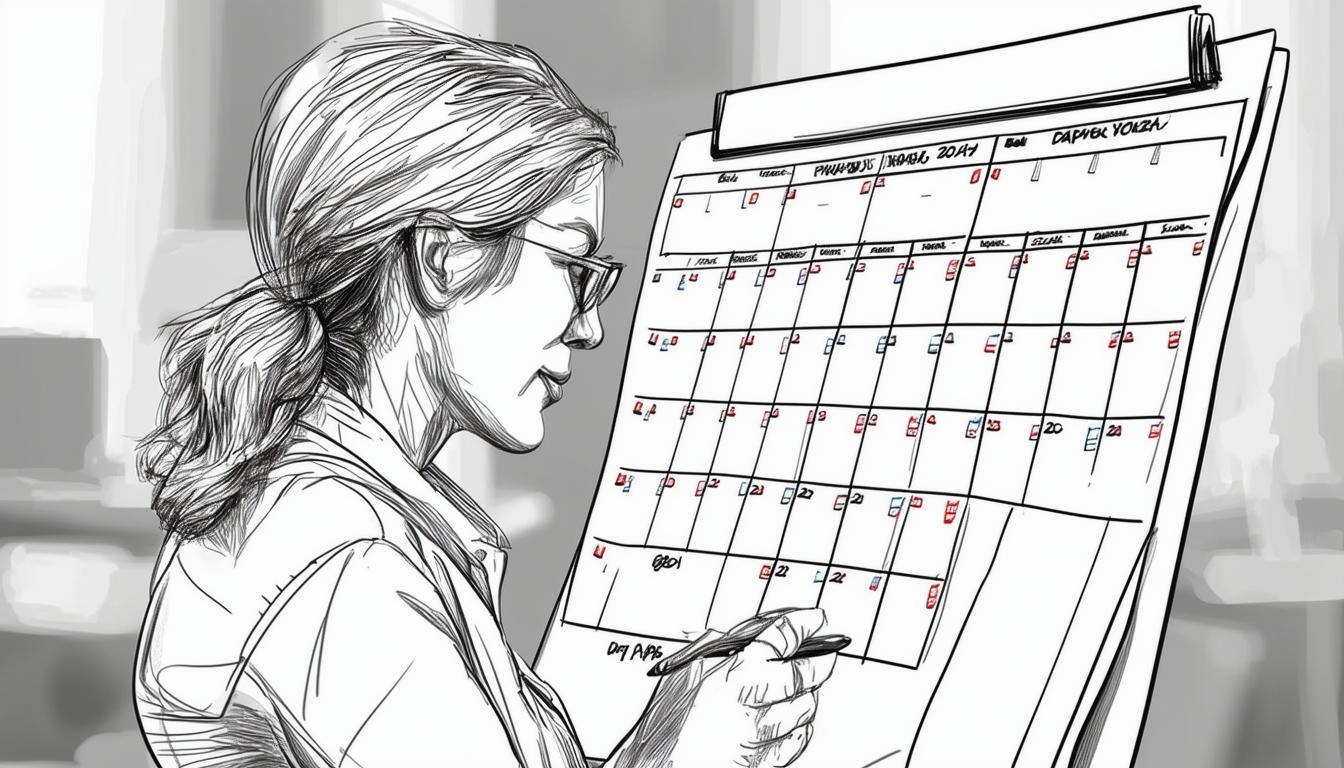 Image of an admin manager reviewing a crowded calendar with a focused expression