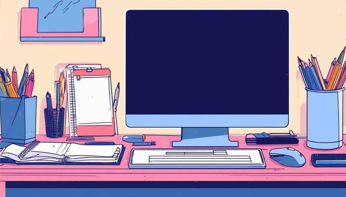 Image of an organized desk setup with a computer, notepad, and office supplies representing admin assistant essentials