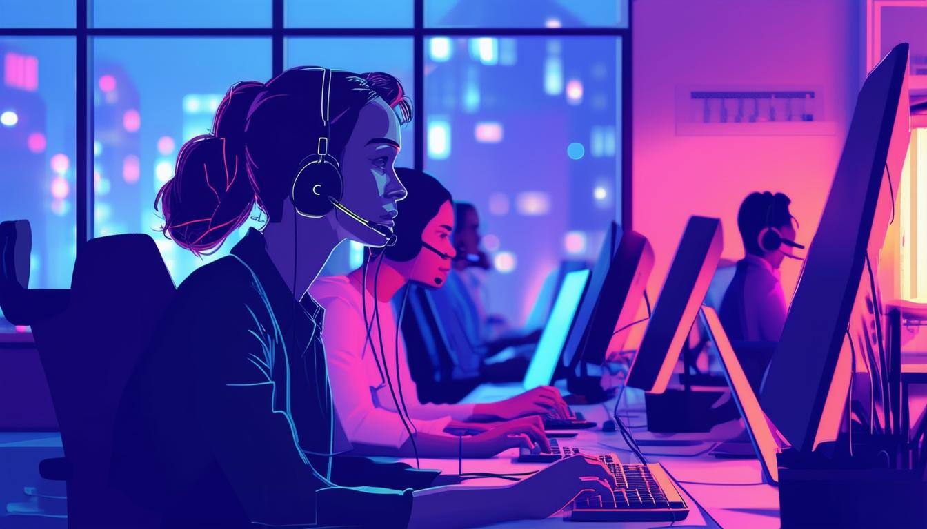 An image of customer support agents working in an office with computers and headsets, illuminated by a night setting-Nov-01-2024-05-02-53-1041-PM